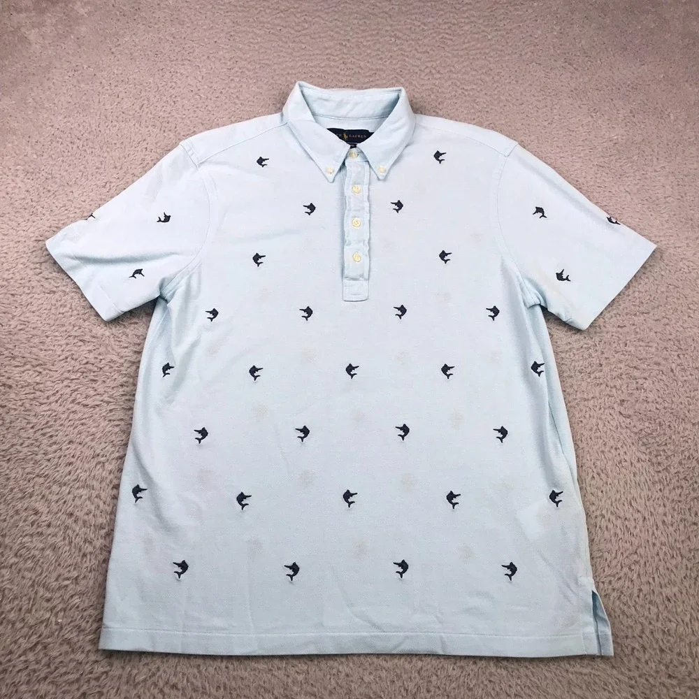 Ralph Lauren Knit Oxford Shirt Mens L Blue Swordfish Embroidery Button Down